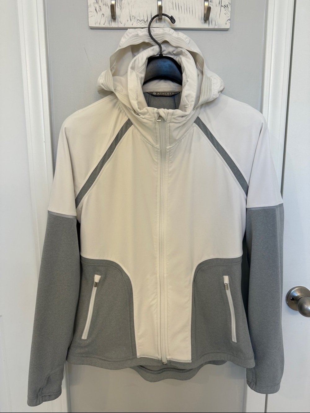 Athleta White and Light Gray Hooded Zip Jacket